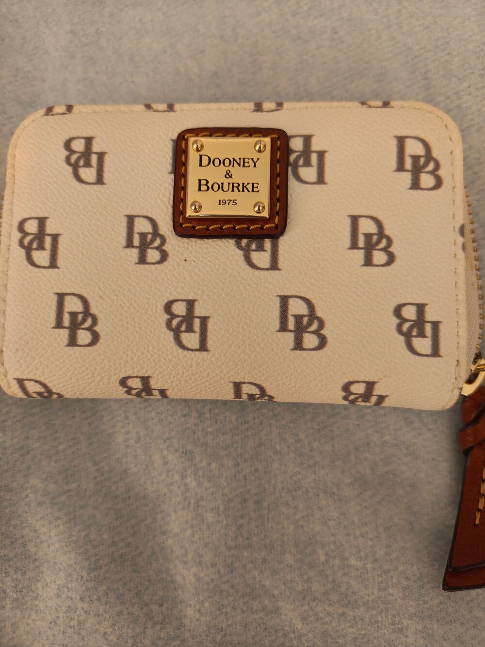 Dooney & Bourke Wallet White Brown Leather Trim Monogram Wristlet